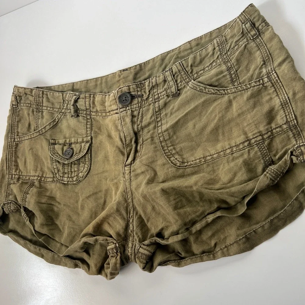 Vintage Y2K Low Rise Micro Mini Shorts Linen Cotton Cargo Green Utility Hipslung